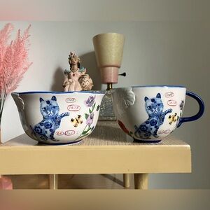 Anthropologie Nathalie Lete Titania Embossed Flowers Blue Cat Mug & Bowl